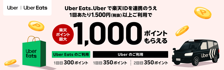 楽天ポイント開始!Uber・Uber Eatsで最大1,000ポイントプレゼントキャンペーン