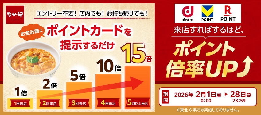 エントリー不要!なか卯でポイント最大15倍キャンペーン