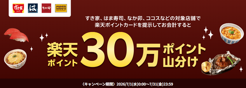 ｢楽天ポイント｣すき家・はま寿司・なか卯・ココスで30万ポイント山分けキャンペーン
